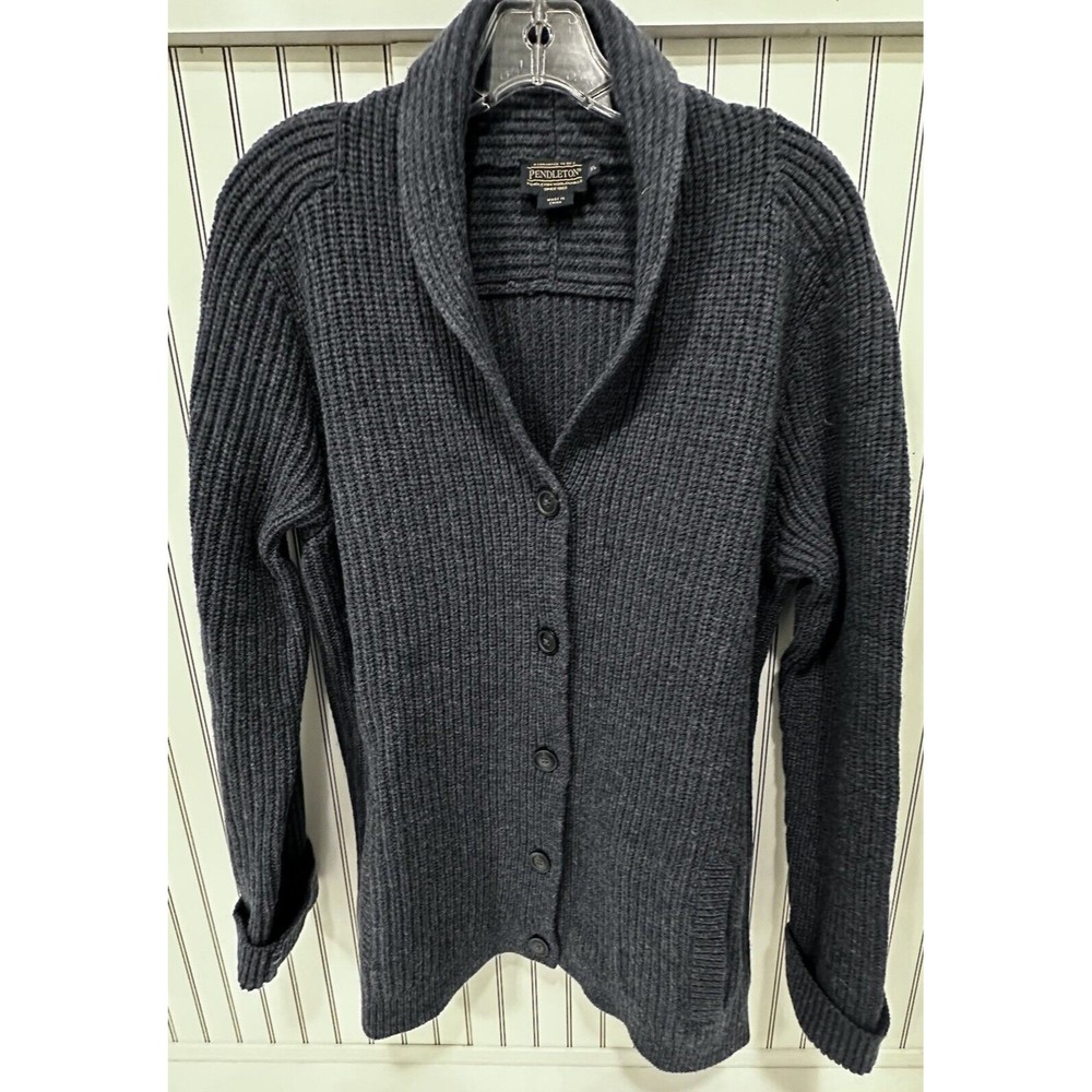 Pendleton Mens Sweater XL Blue Lambs Wool Shawl Collar Ribbed Cardigan